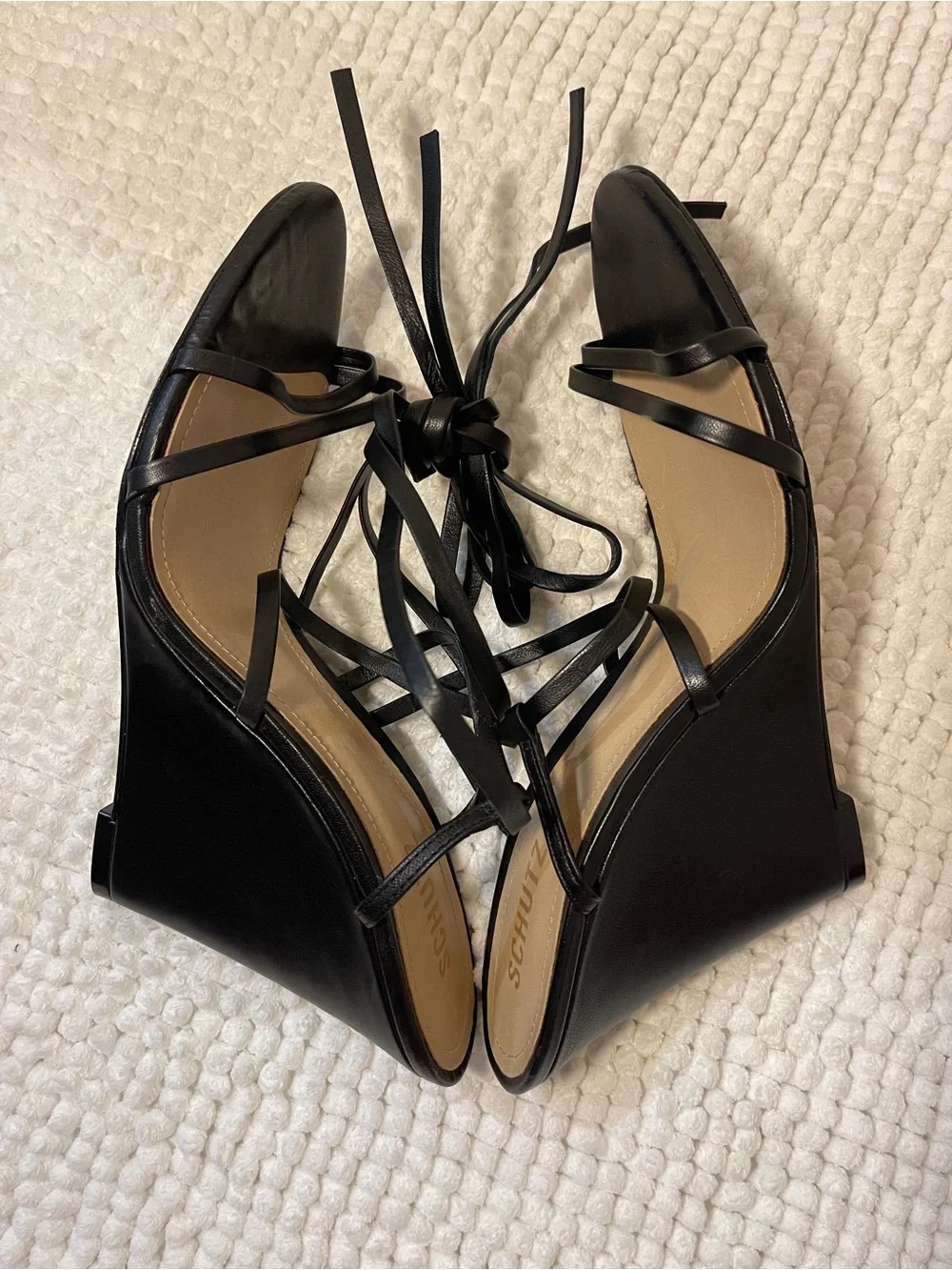 SCHUTZ Black Strappy Lace-Up Wedge Sandals